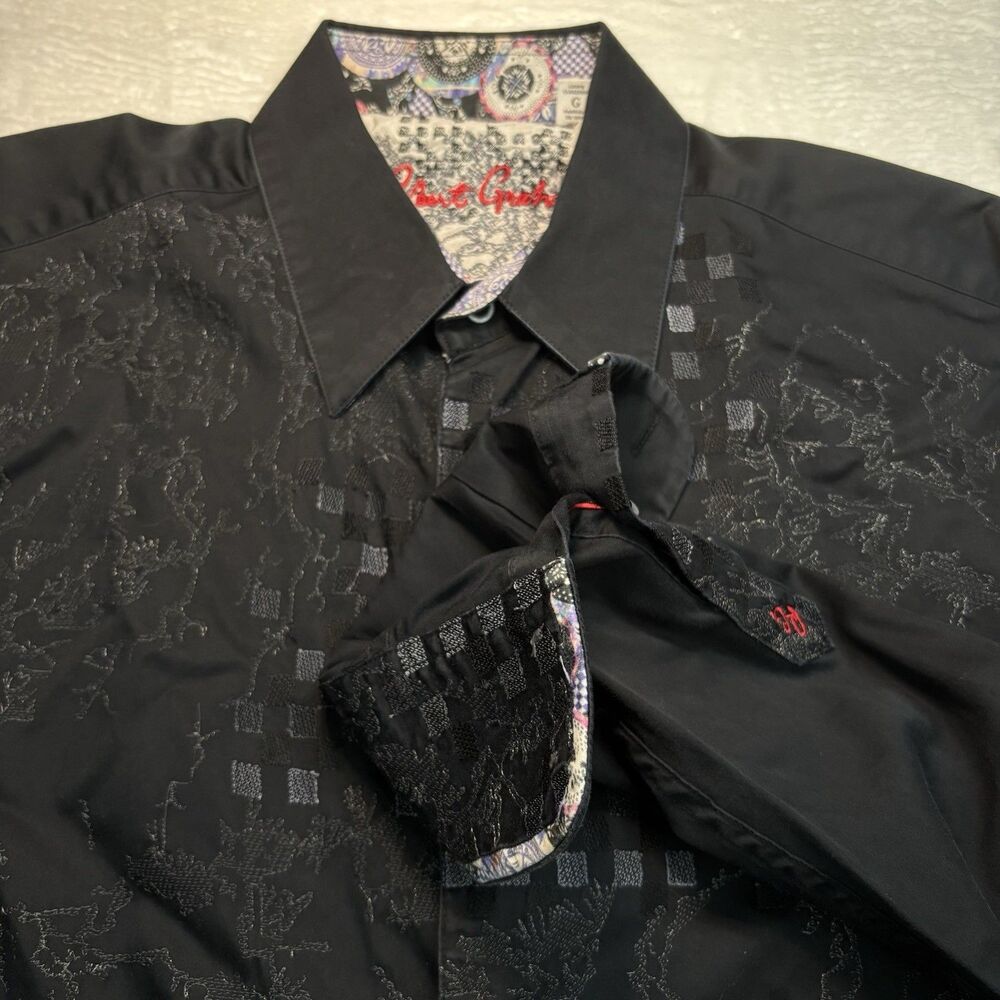 Robert Graham  Men's Large  Black Jacquard Cotton Shirt Flip Cuffs Classic Fit